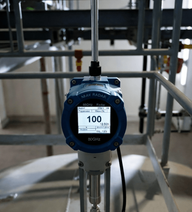 What is the detection range and blind zone size of an 80GHz radar level meter?